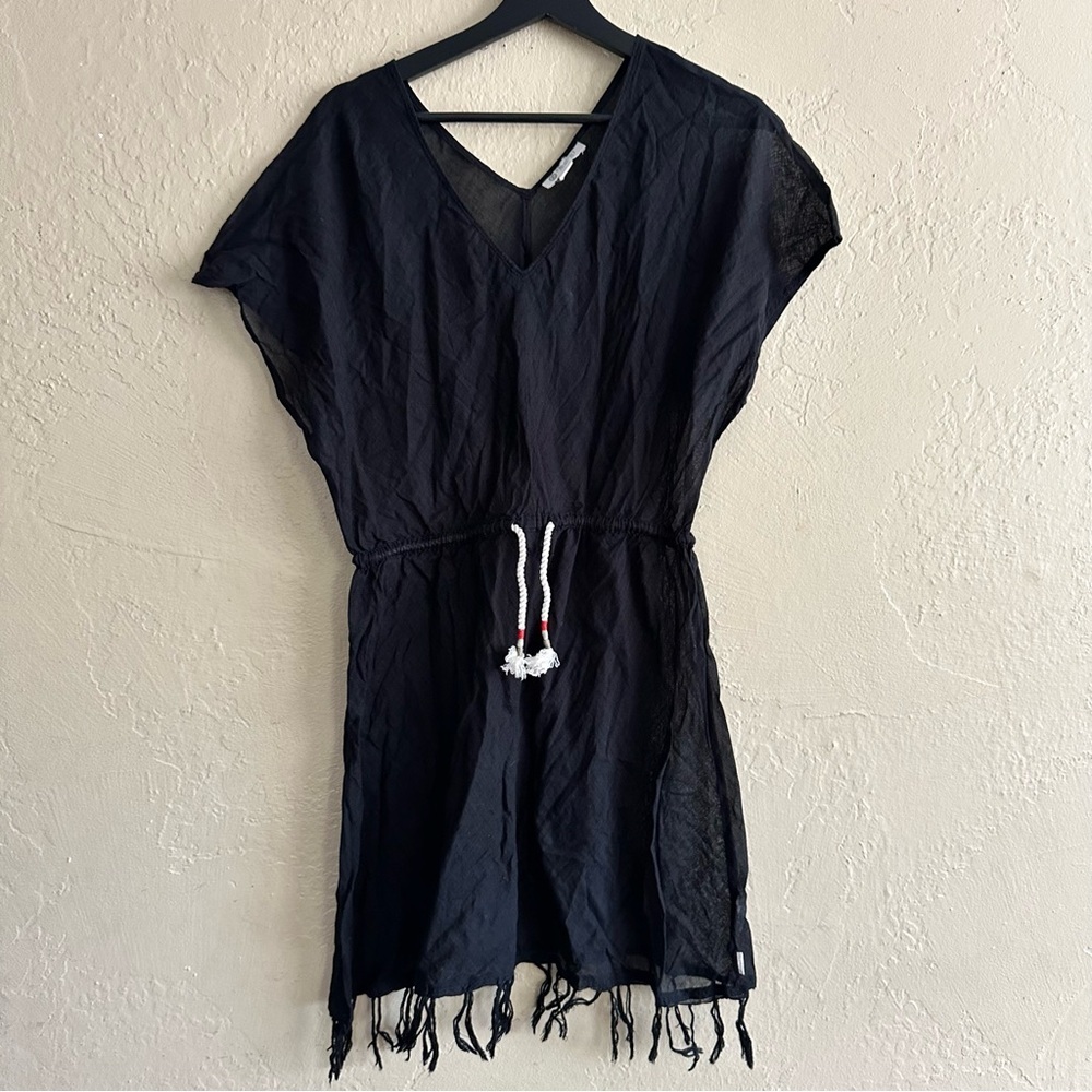 Element Black V-Neck Fringe Swim Coverup with Waist Tie